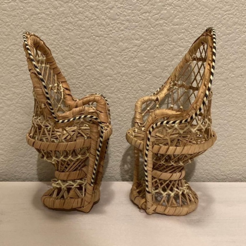 Mini Vintage Boho Wicker Rattan Natural Peacock Fan Doll Plant Chairs Set - Picture 3 of 7